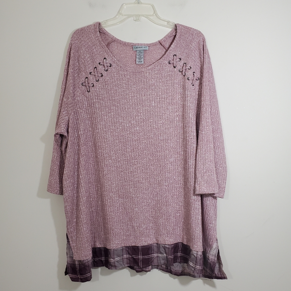NWT Catherines Shirt Blouse Plaid Trim Ribbed Pink Mauve Size 2X 22 24 - Picture 2 of 11
